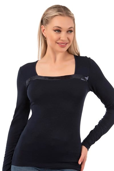Kadın Viskon Pul Nakışlı Uzun Kol Bluz | Lacivert 7429