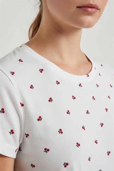 Kadın Bisiklet Yaka Yumuşak Dokulu Kiraz Desenli Kısa Kol pijama Takım | 70132-4745