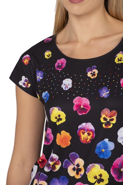 Kadın Renkli Çiçek Desenli Kısa Kol Bluz | Siyah 25909