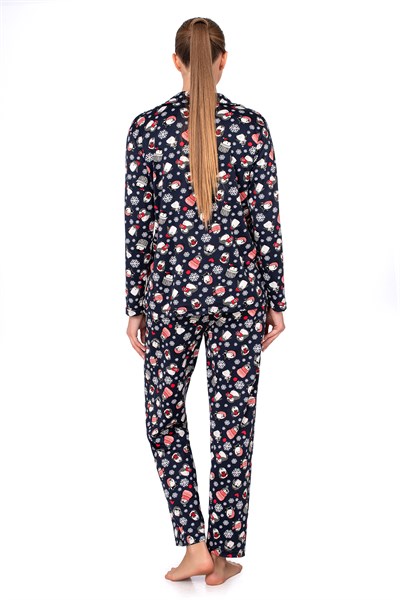 Lizbon Kumaş İçi Şardonlu Lacivert Kış Desenli Önden Düğmeli Kadın Pijama Takımı