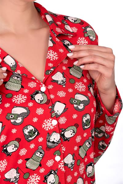 Lizbon Kumaş İçi Şardonlu Kırmızı Kış Desenli Önden Düğmeli Kadın Pijama Takımı