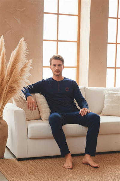 Erkek Uzun Kollu 4 Mevsim Penye Süprem Önü Patlı Pijama Takımı | Lacivert 802