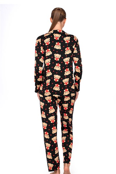 Lizbon Kumaş Siyah Ayıcık Desenli Önden Düğmeli Kadın Pijama Takımı