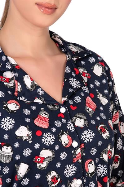 Lizbon Kumaş İçi Şardonlu Lacivert Kış Desenli Önden Düğmeli Kadın Pijama Takımı
