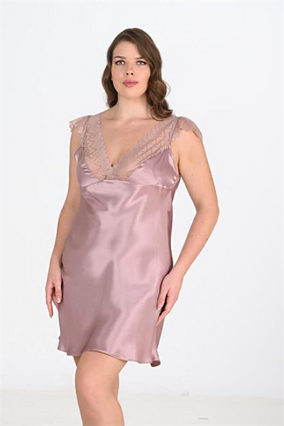 Kadın Saten Dantel Yaka Büyük Beden Mini Gecelik | Vizon 2106