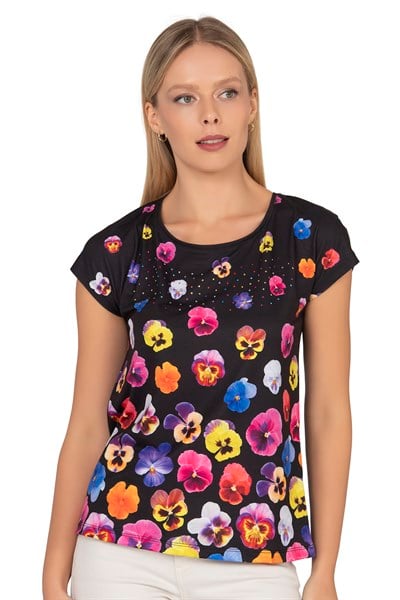Kadın Renkli Çiçek Desenli Kısa Kol Bluz | Siyah 25909
