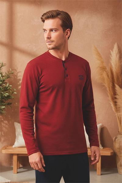 Erkek Patlı Yaka Kareli Pamuklu Pijama Takımı | Bordo