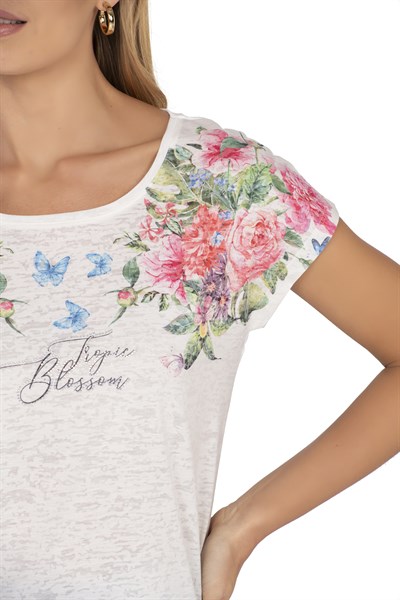 Kadın Floral Desenli Yazı Detaylı Bluz | Ekru 25792