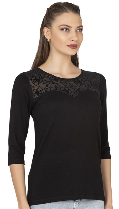 Kadın Transparan Yaka Garnili Bluz | Siyah 25250