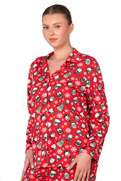 Lizbon Kumaş İçi Şardonlu Kırmızı Kış Desenli Önden Düğmeli Kadın Pijama Takımı