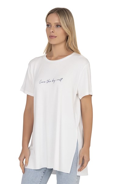 Kadın Oversize Basic Minimal Yazı Detaylı Bluz | Ekru 27082