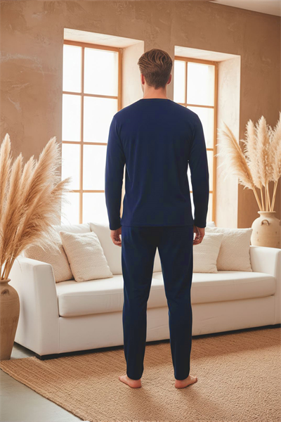 Erkek Uzun Kollu 4 Mevsim Penye Süprem Önü Patlı Pijama Takımı | Lacivert 802