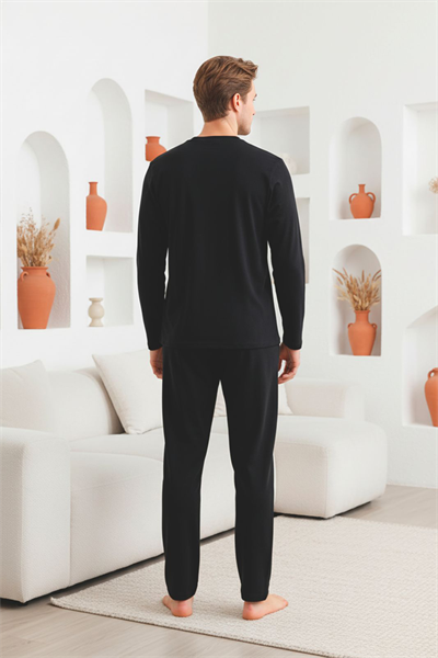 Erkek Uzun Kollu 4 Mevsim Penye Süprem Önü Patlı Pijama Takımı | Siyah 801