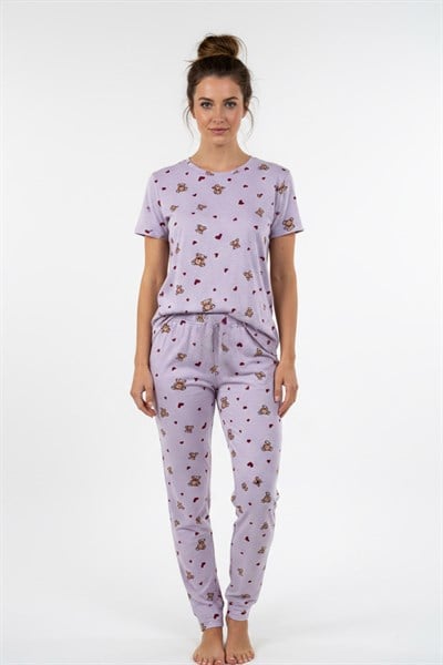 Kadın Bisiklet Yaka Yumuşak Dokulu Ayıcık Desenli Kısa Kol pijama Takım | Lila 70132-4752