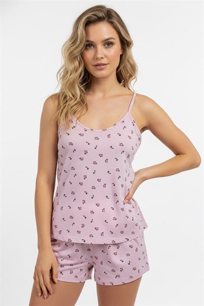 Kadın İp Askılı Yumuşak Dokulu Çiçek Desenli Şortlu Pijama Takım | Pembe 70111-267