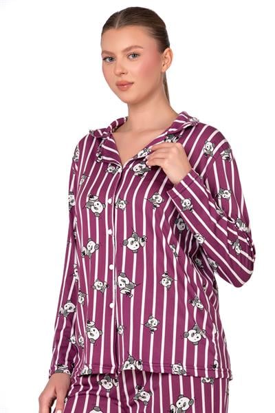 Lizbon Kumaş Mürdüm Panda Desenli Çizgili Önden Düğmeli Kadın Pijama Takımı