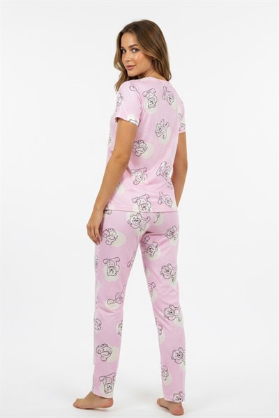 Kadın Bisiklet Yaka Yumuşak Dokulu Ayıcık Desenli Kısa Kol pijama Takım | Pembe 70132-4680
