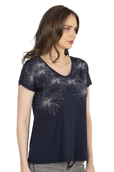 Kadın Işıltı Taş Detaylı Desenli Viskon Bluz | Lacivert  25501