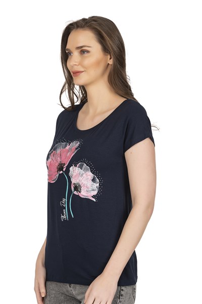 Kadın Viskon Desenli Kısa Kol Bluz | Lacivert 25865