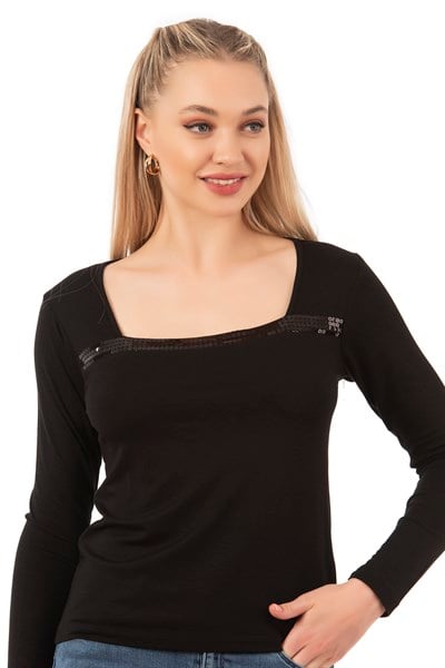 Kadın Viskon Pul Nakışlı Uzun Kol Bluz | Siyah 7429