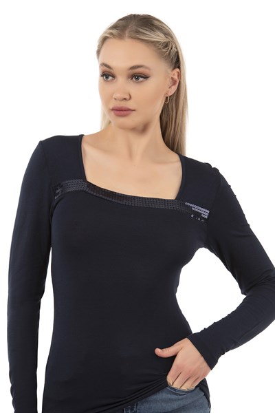 Kadın Viskon Pul Nakışlı Uzun Kol Bluz | Lacivert 7429