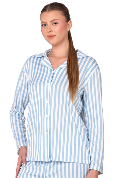 Mavi Çizgili Lizbon Kumaş İçi Şardonlu Önden Düğmeli Kadın Pijama Takımı