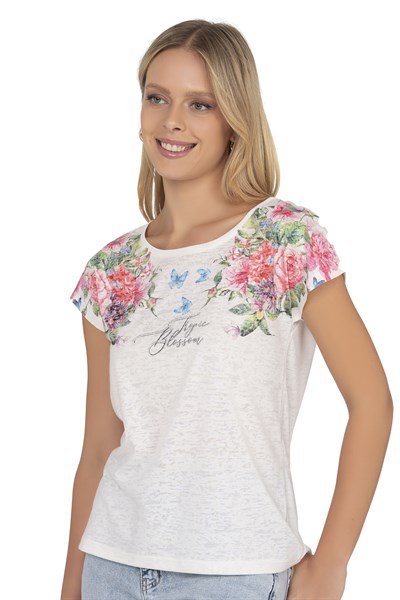 Kadın Floral Desenli Yazı Detaylı Bluz | Ekru 25792