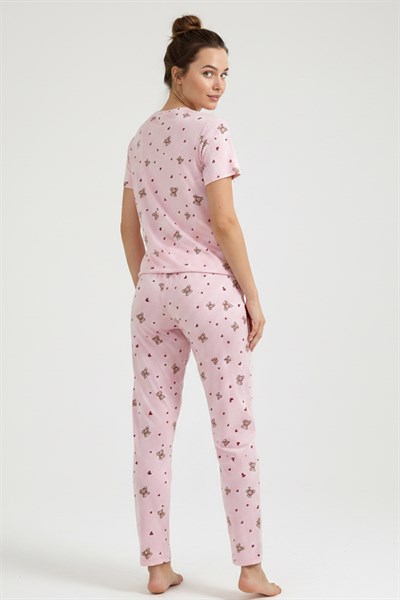 Kadın Bisiklet Yaka Yumuşak Dokulu Ayıcık Desenli Kısa Kol pijama Takım | Pembe 70132-4603