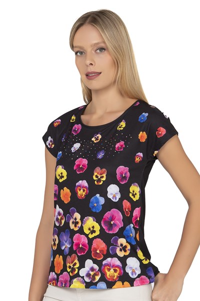Kadın Renkli Çiçek Desenli Kısa Kol Bluz | Siyah 25909