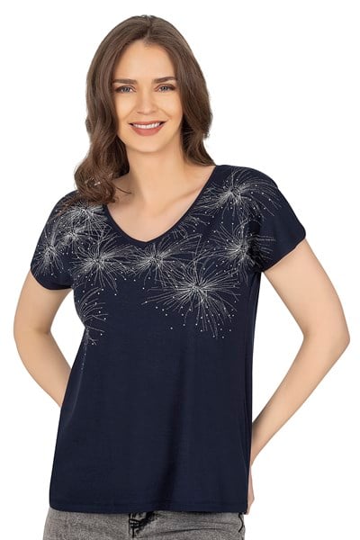 Kadın Işıltı Taş Detaylı Desenli Viskon Bluz | Lacivert  25501