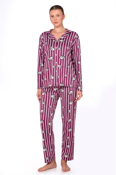 Lizbon Kumaş Mürdüm Panda Desenli Çizgili Önden Düğmeli Kadın Pijama Takımı