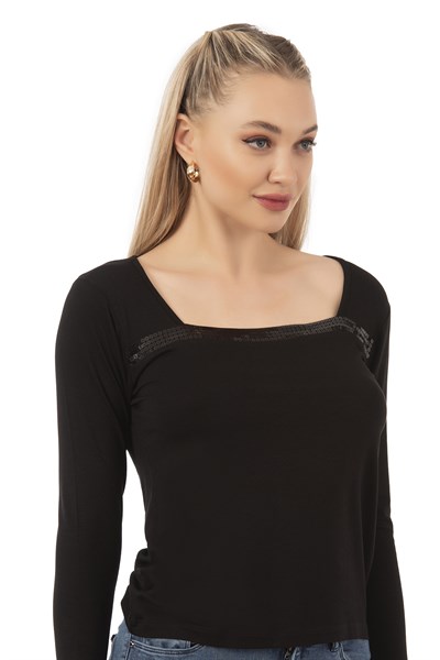 Kadın Viskon Pul Nakışlı Uzun Kol Bluz | Siyah 7429