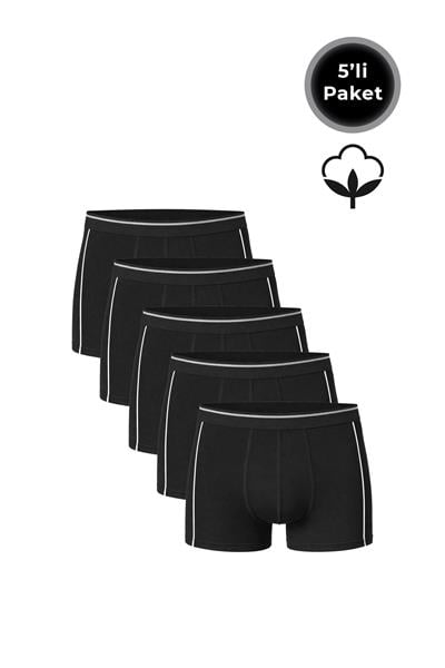 5li Paket Erkek Biyeli Pamuklu Likralı Boxer | Siyah K11314