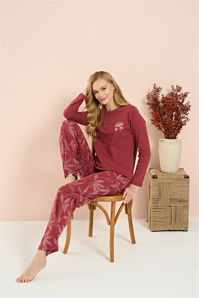 Kadın İnterlok Genç Desenli Önü Patlı Pijama Takım | Kırmızı 3211