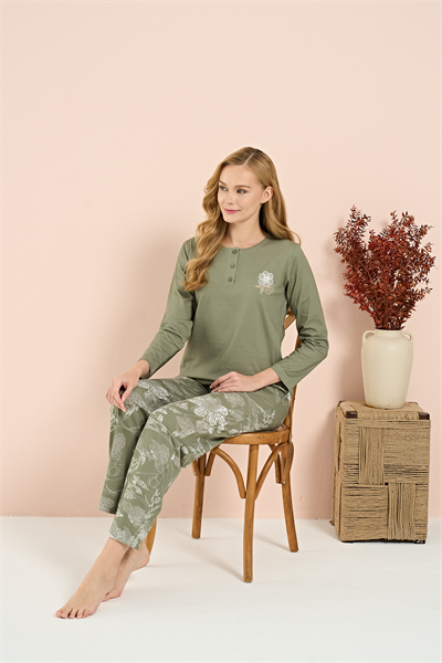 Kadın İnterlok Battal Önü Patlı Pijama Takım | Yeşil 3206