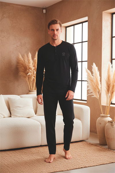 Erkek Uzun Kollu 4 Mevsim Penye Süprem Önü Patlı Pijama Takımı | Siyah 801