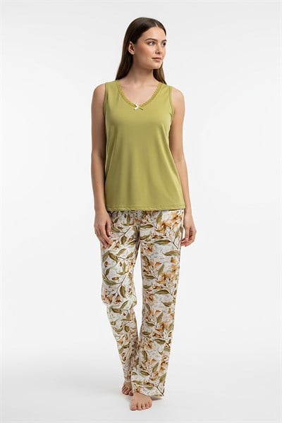 Kadın % 100 Ring Viskon V Yaka Altı Desenli Kalın Askılı Pijama Takımı | Ekru 40108-3243