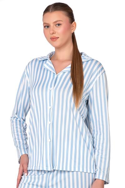 Mavi Çizgili Lizbon Kumaş İçi Şardonlu Önden Düğmeli Kadın Pijama Takımı