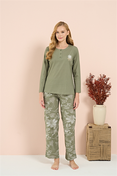 Kadın İnterlok Battal Önü Patlı Pijama Takım | Yeşil 3206