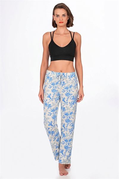 Kadın Süet Mavi Çiçek Desen Pijama Tek Alt