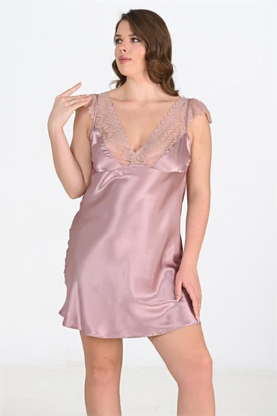 Kadın Saten Dantel Yaka Büyük Beden Mini Gecelik | Vizon 2106