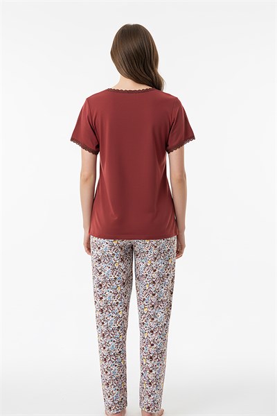  Kadın % 100 Ring Viskon V Yaka Altı Desenli Kısa Kol Pijama Takımı | Kiremit 40113-4120