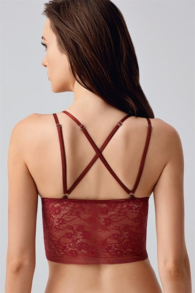 Çiçek Motifli Uzun Dantel Crop Bralet | Bordo 8329