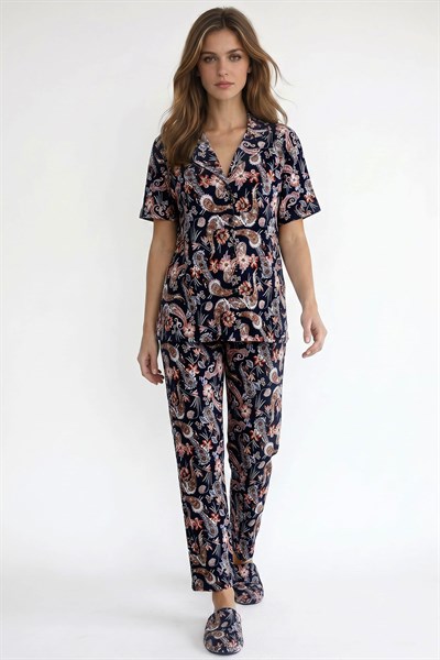Kadın Düğmeli  Şal Desen Kısa Kollu Pijama Takım 