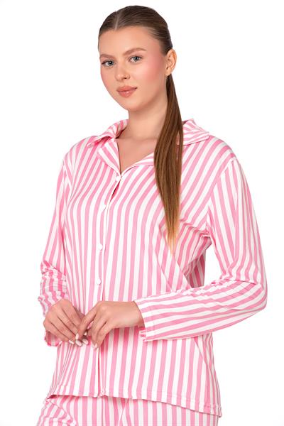 Pembe Çizgili Lizbon Kumaş İçi Şardonlu Önden Düğmeli Kadın Pijama Takımı