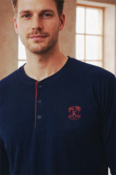 Erkek Uzun Kollu 4 Mevsim Penye Süprem Önü Patlı Pijama Takımı | Lacivert 802