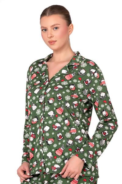 Lizbon Kumaş İçi Şardonlu Yeşil Kış Desenli Önden Düğmeli Kadın Pijama Takımı