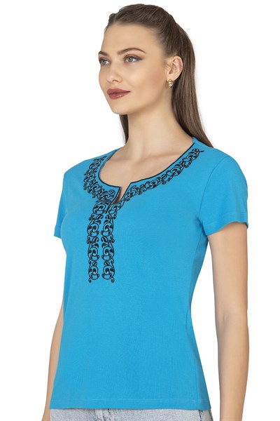 Kadın Nakış Detaylı Kısa Kol Pamuklu Bluz | Turkuaz 21191