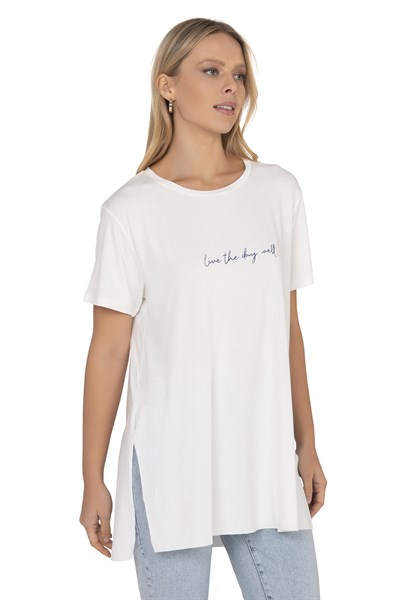 Kadın Oversize Basic Minimal Yazı Detaylı Bluz | Ekru 27082
