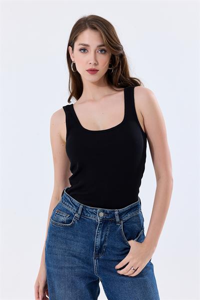 Basic Ekstra Yumusak Ribana Atlet Tişört | Siyah 27119